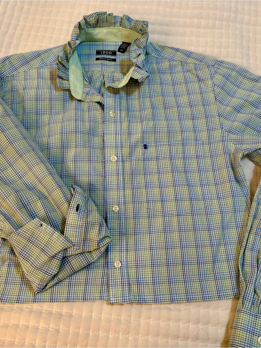 Upcycled Men's Izod Ruffled Collar Button-Up Shirt in Light Blue Plaid - Picture 4 of 8